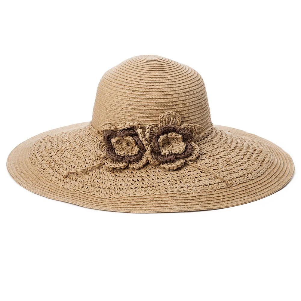 Summer Women paper crochet flower band floppy sun-proof Straw Hat