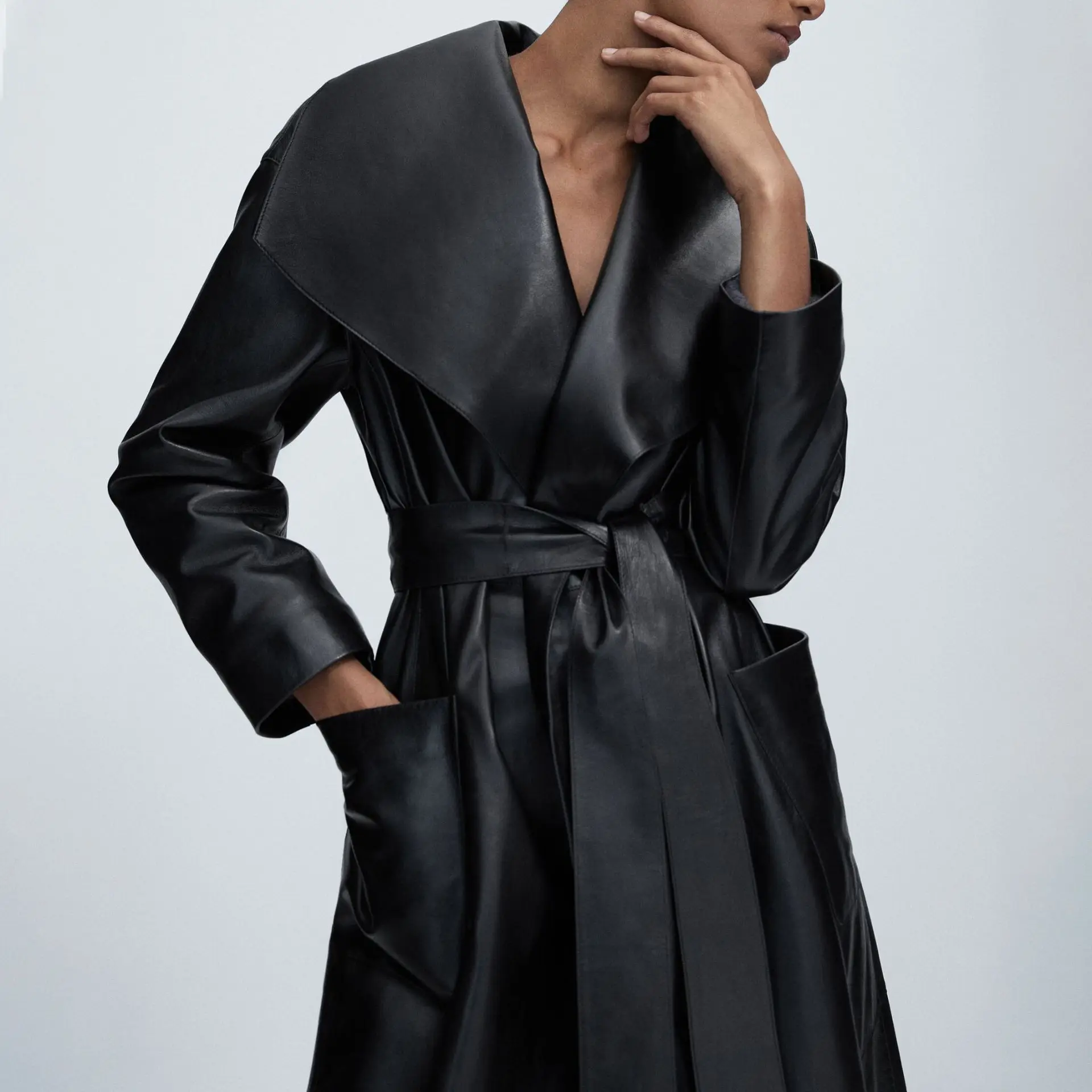 Turn-down Collar Women Long Real Leather Jacket With Belt Long Sleeve Leather Trench Coat Women Outdoor Jackets