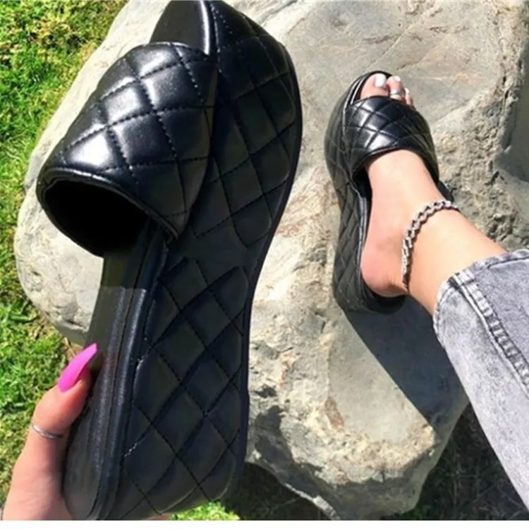 
2021 New Arrivals Pattern Pu Platform Flat Slide Sandal Summer Shoes Women Peep-toe Sandals 