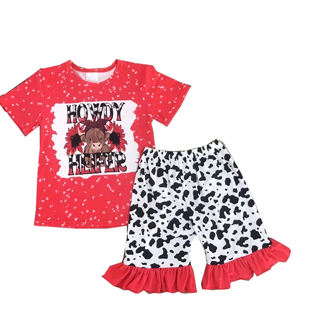 Wholesale   Howdy Bull head red short sleeve suit    kids boutique clothing set