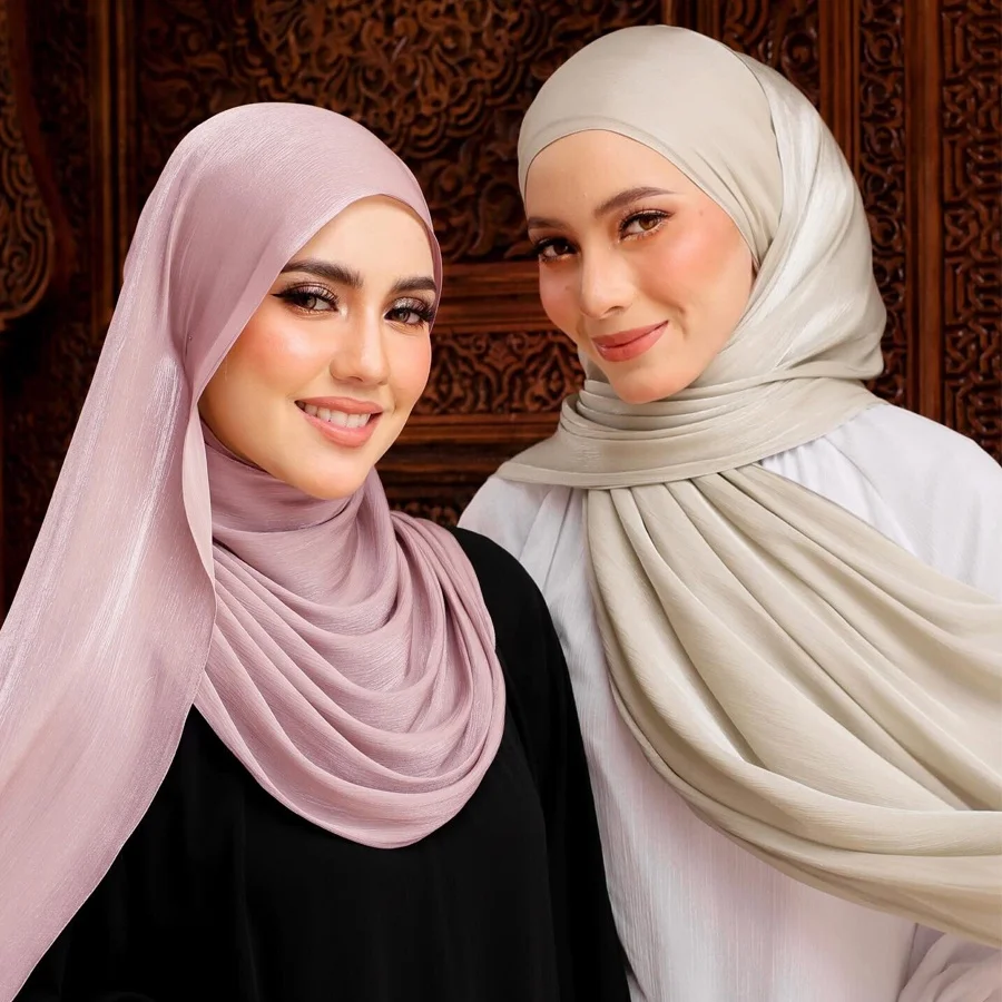 Wholesale Latest Women Girls Long Muslim Luxury Pleated Chiffon Hijab  Glitter Shimmer  Shawl Scarf Bawal Malaysia