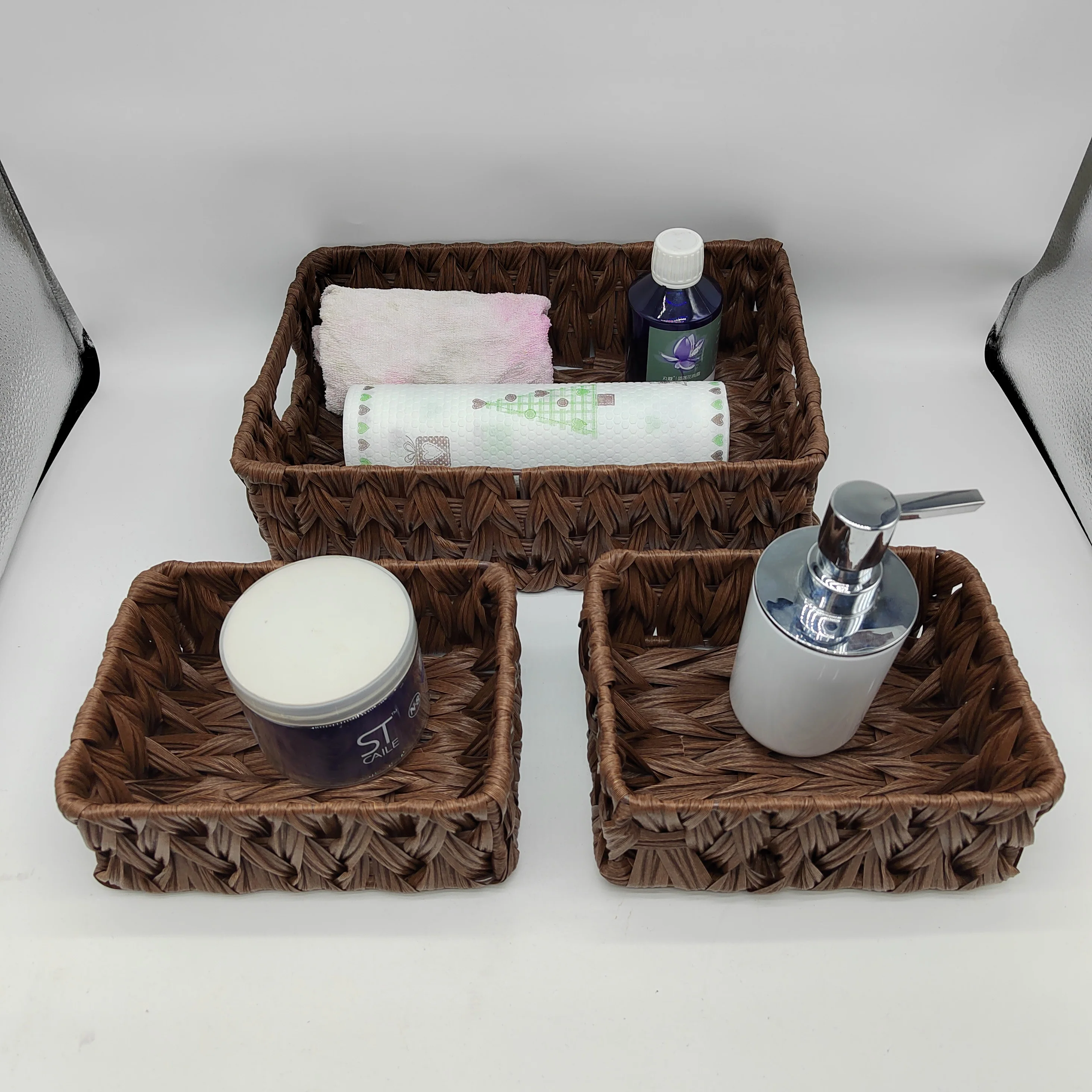 Pack of 3 Wicker Baskets for Storage, 1 Large Wicker Storage Box and 2 Small Wicker Baskets Waterproof, Bathroom Counter Storage