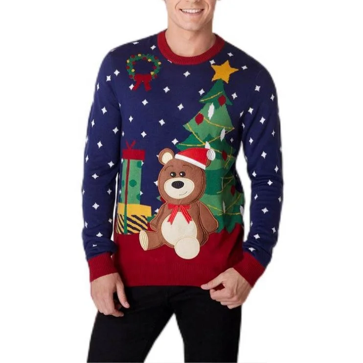 Factory Custom Logo Design Ugly Bear Knit Embroidery Cute Pattern Funny Christmas Knitted Pullover Unisex Jumper Sweater