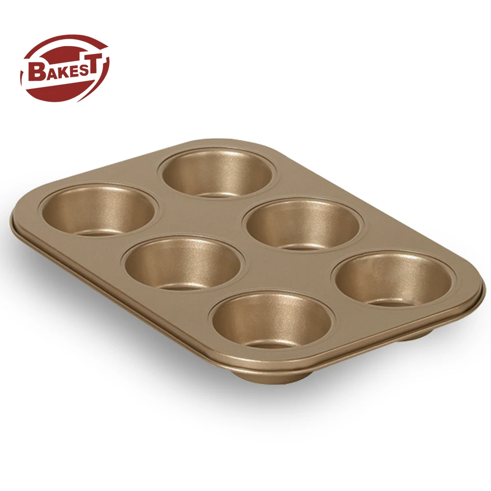 Bakest Gold Nonstick Large Deep Cupcakes Baking Pan Muffin Pans 6 Cups Carbon Steel Metal Holepan Stand Bakeware For Oven Baking