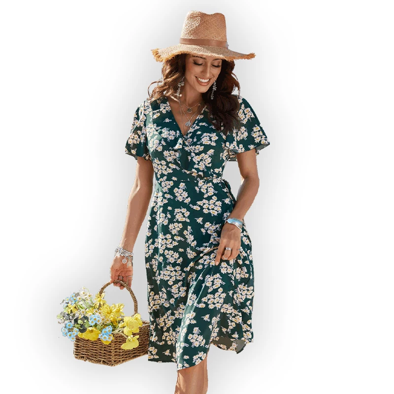 Casual Long Dresses Women Dark Green Elegant V Neck Short Sleeves Midi Skirt Floral Print Chiffon Polyester Lady Dress