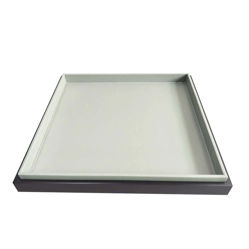 Gray Star Hotel guestroom faux leather storage tray with electrical kettle tea cups tea coffee sachet faux leather serving tray