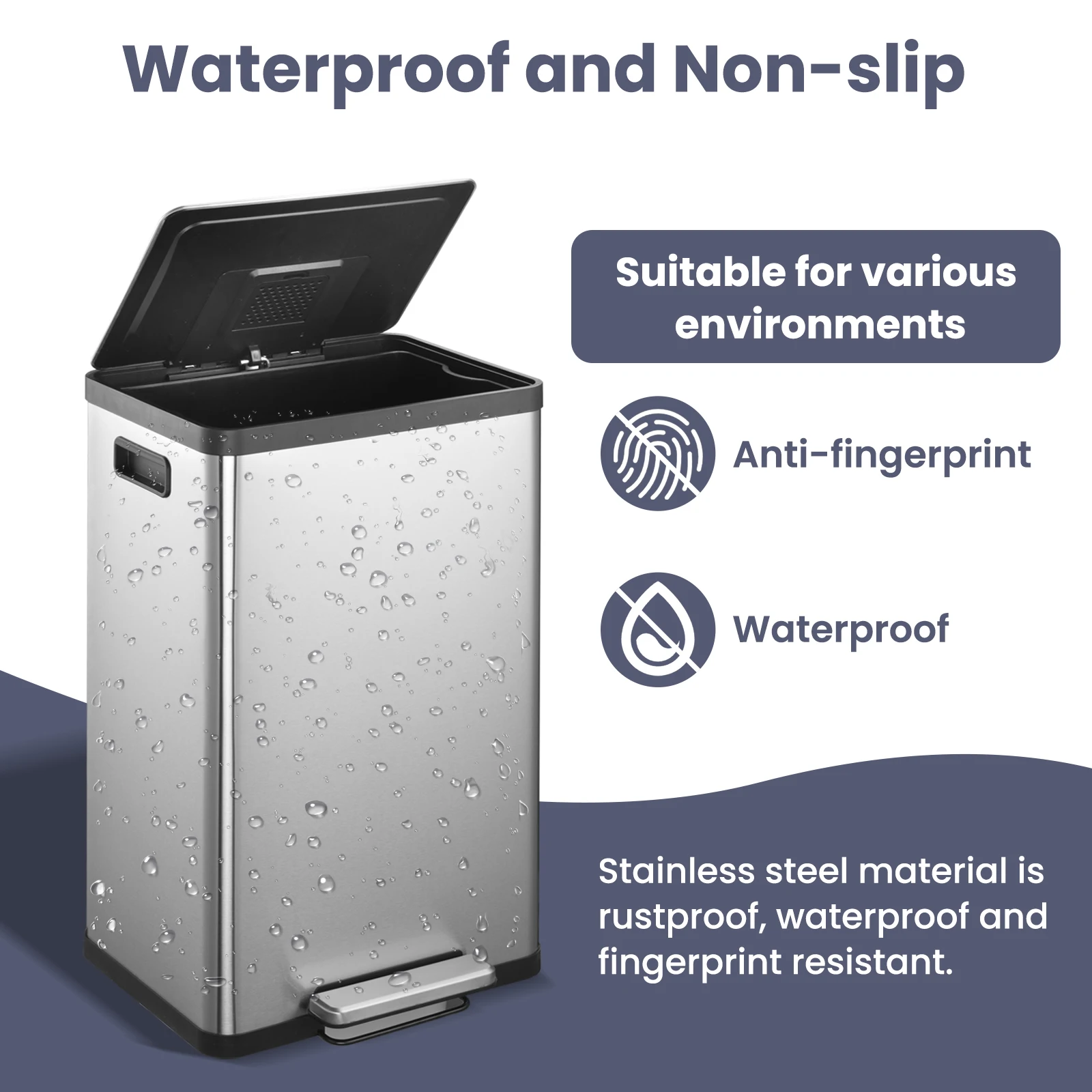 Sleek 50L 13 Gallon Kitchen Step Trash Can Durable Stainless Steel Waste Bin with a Silent and Soft-Close Lid for Modern Homes