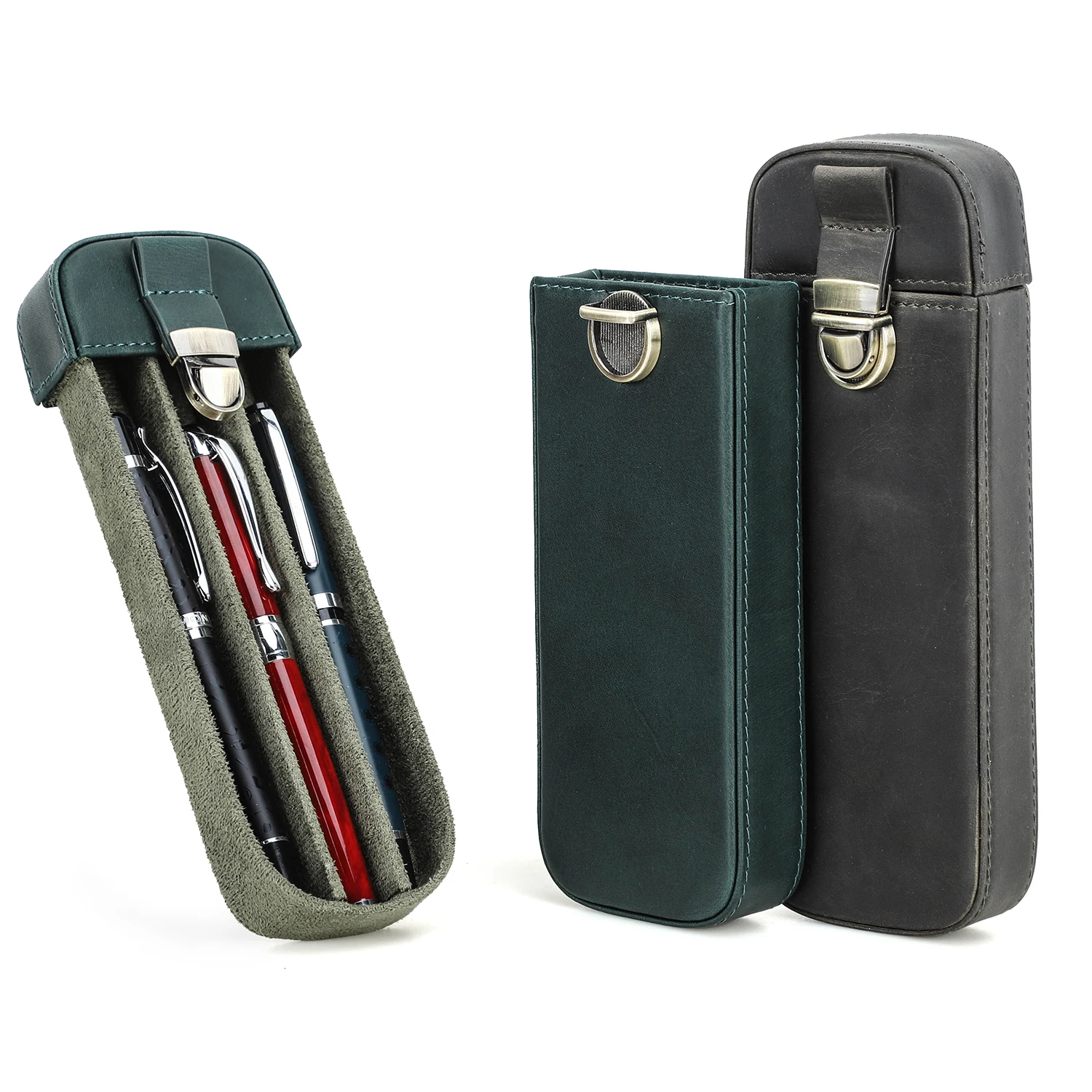 Portable Handmade Fountain Pen Storage Box 3 Slots Premium Leather Hard Pen Case with Removable Tray Holder CF9067