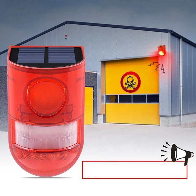 Solar Powered Infrared Motion Sensor Detector Siren Strobe Alarm System 110db Loud for Home Yard Outdoor Security Waterproof LED