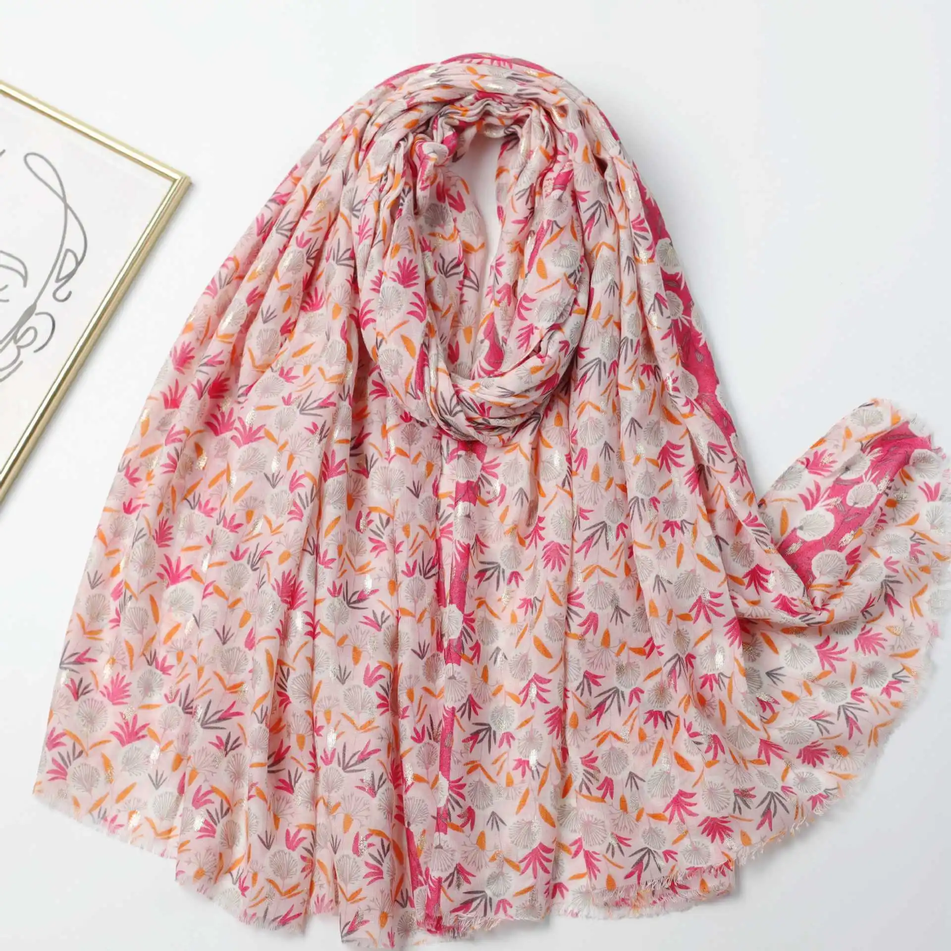 OEM ODM Custom Design Pink Floral Printed Scarves Hijab Spring High Quality Fashion Soft Viscose Cotton Shawls Scarf for Women