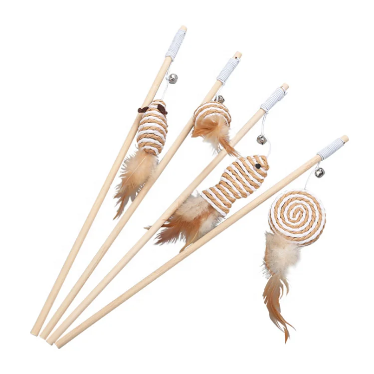 Cheap Handmade Cat Training Toys 2020 Wholesale Pet Teaser Stick Wooden Fish Cat Interactive Toys