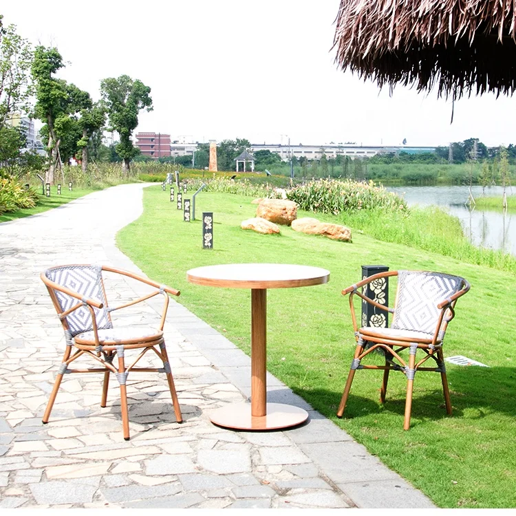 Modern Outdoor Furniture French Bistro Rattan Wicker Stackable Metal Chair Cafe Garden Patio Terrace Chair And Table Dining Set