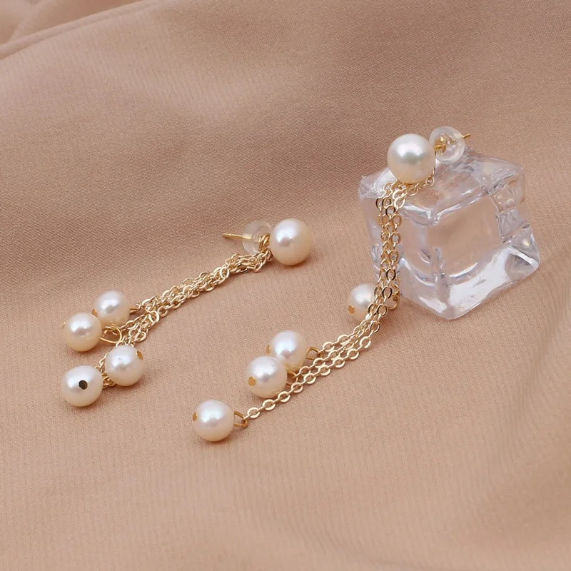 Bohemia s925 stud gold plated jewelry natural white real pearl bead earring tassel