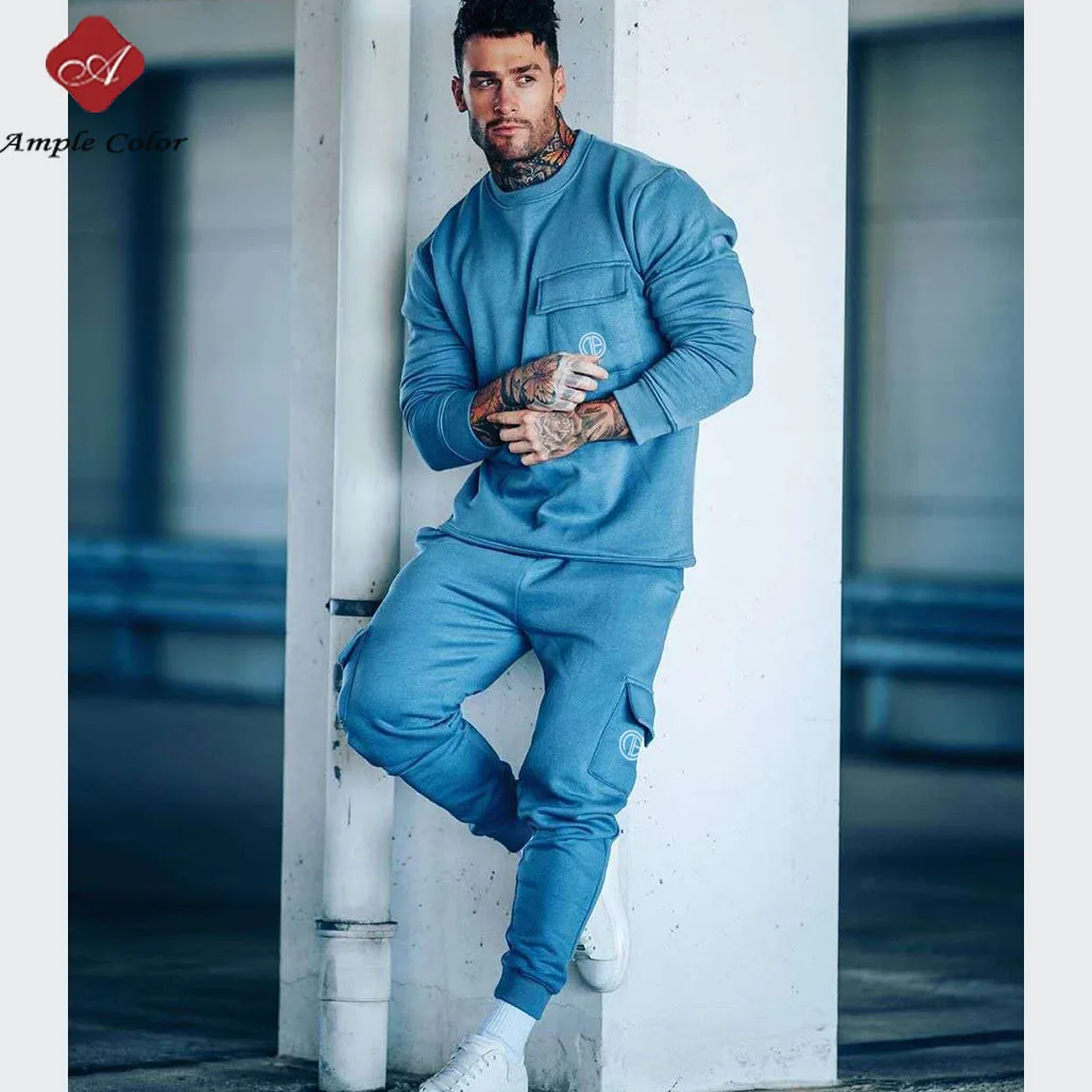 Sweatsuit 2022 Men Tracksuits Custom Logo Multi Pockets Cargo Pant Crewneck Sweatshirt Cotton Men Jogger Sets