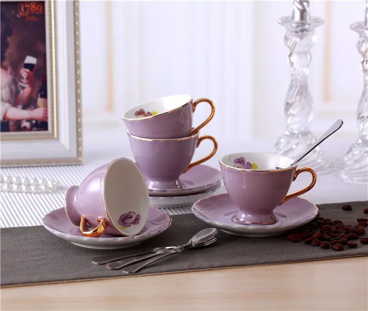Hot Selling Vintage Floral Cup and Saucer Porcelain Tea Cups and Saucers Ceramic Coffee Cup Set with Golden handle