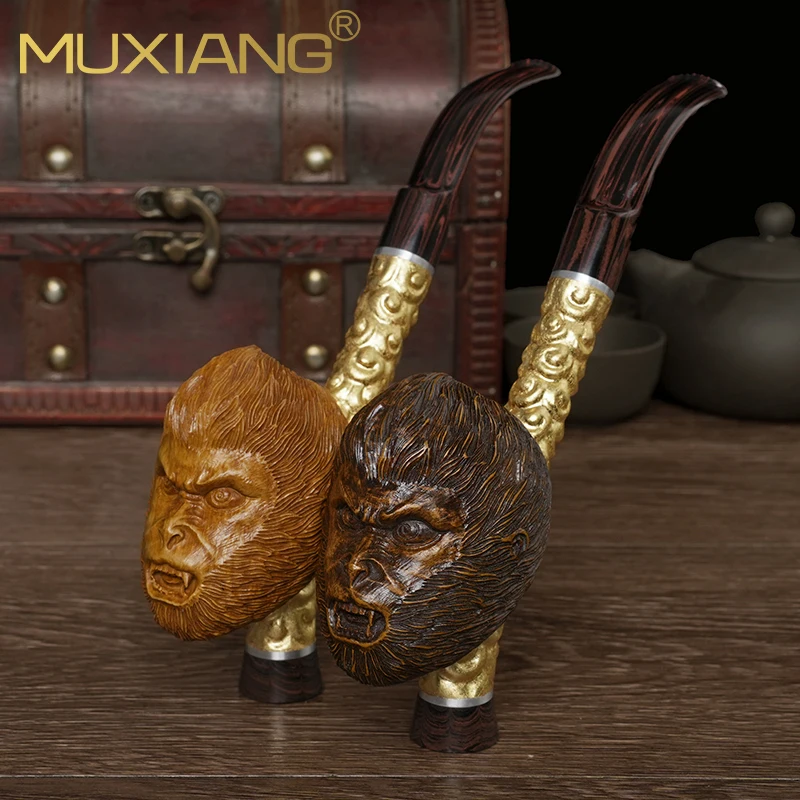 MUXIANG Black Myth Wukong Carved Tobacco Pipe Real Gold Coating Stem Cumberland Mouthpiece Smoking Pipe