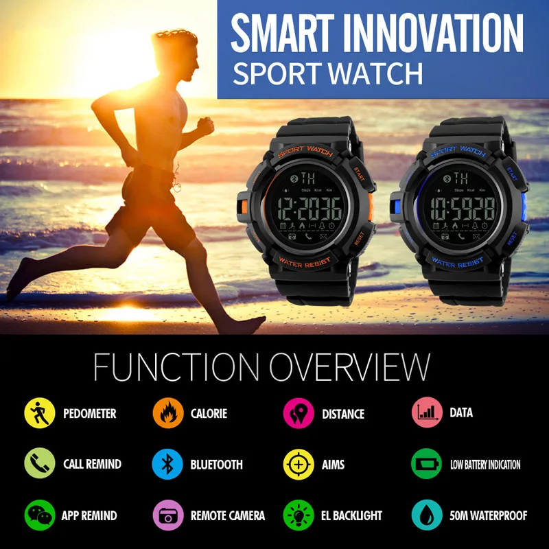 skmei 1245 waterproof black sport smart watch can oem logo