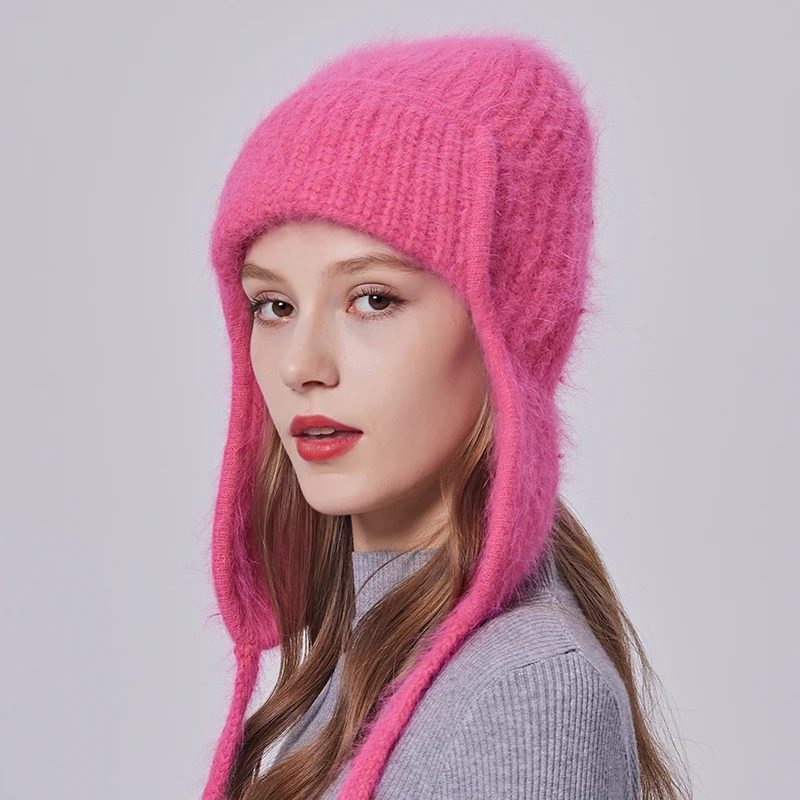 Winter Angora Wool Knit Beanie Plush Ushanka Russian Hat with Windbreak Rope Knitted Hood Earflap Hats Ski Trapper Cozy Cap