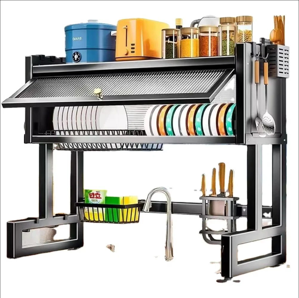 Anti dust Large Dish Rack Over Sink Dish Drainer Drying Rack for Kitchen Counter Multifunction Organizer Storage Shelf