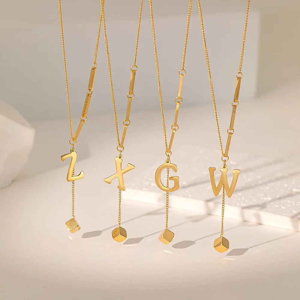 26 Letters Stainless Steel Necklace Small Square Tassel Necklace for Gift