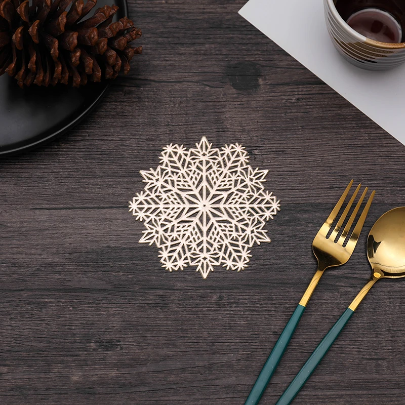 OEM Factory Custom Design Logo Snowflake Hollow PVC Bronzing Coaster Table Mat PVC Coaster