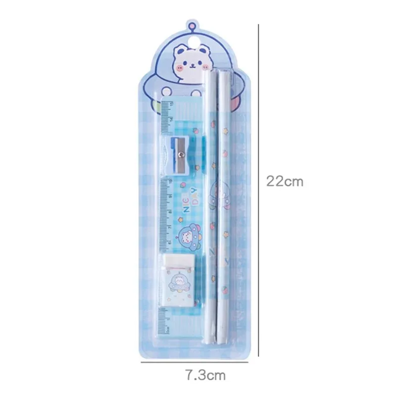 2024 Hot Sale Five Piece Stationery Set Children Birthday Gift Cute Kawaii Set Wholesale Ruler Rubber Pencil Sharpener