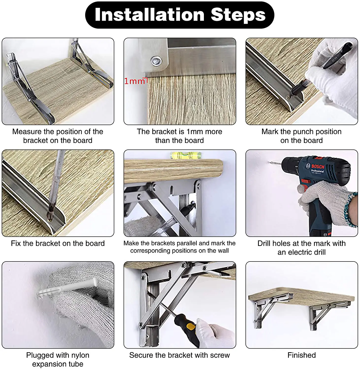 
Furniture Triangle Shelving Adjustable Right Angle L Shaped Metal Stainless Steel Wall Mounted Folding Table Shelf Bracket 