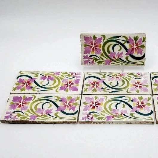 Antique French tiles Art Nouveau style stenciled & airbrushed flowers in purple and green antique rectangular tiles