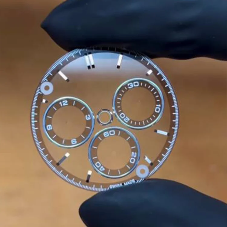 High-end Sapphire Glass Material Tinted Metal Circles Sub-dials White Markings See-through Pad Printing Watch Dial 28.5mm*0.4mm