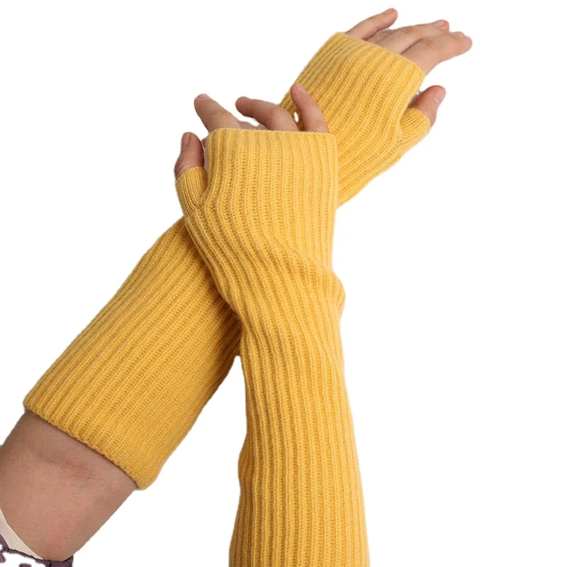 ladies 100% wool winter gloves long rib knitted arm warmer full finger warm fashion women cashmere mittens hat one set