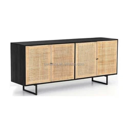 BELLEWORKS OEM ODM Rattan Storage Cabinet Kitchen Furniture Modern Black Metal Wood Rattan Sideboard
