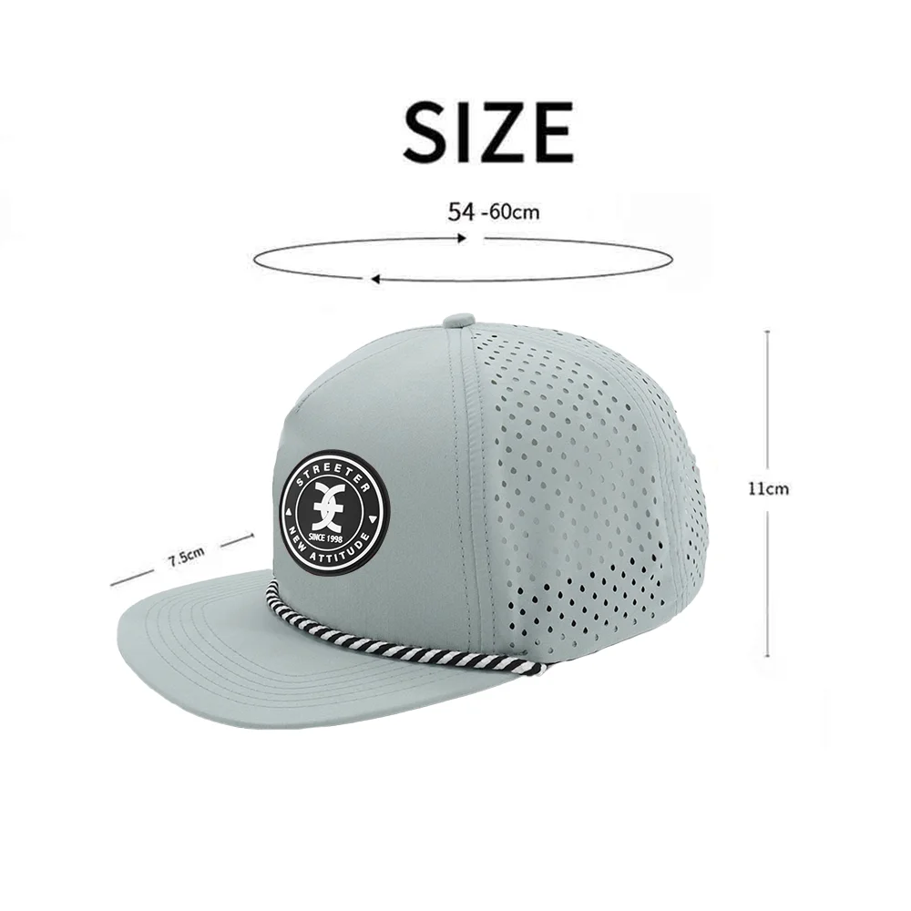 OEM Custom Embossed PVC Rubber Patch Logo 5 Panel Laser Cut Hole Perforated Rope Golf Nylon Waterproof Cap Snapback Hat