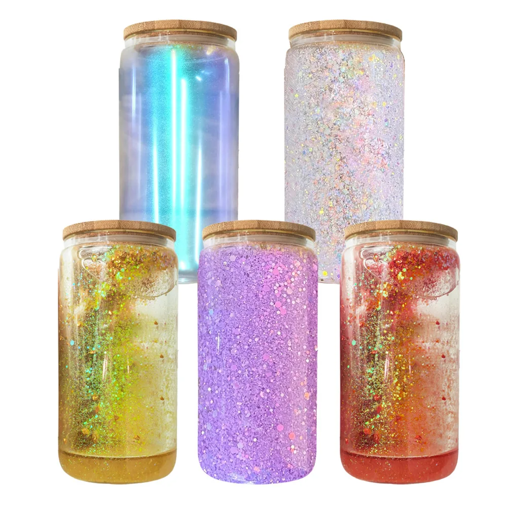 20oz skinny straight snow globe glitter double wall straight glass tumbler with bamboo lid and straw For glitter