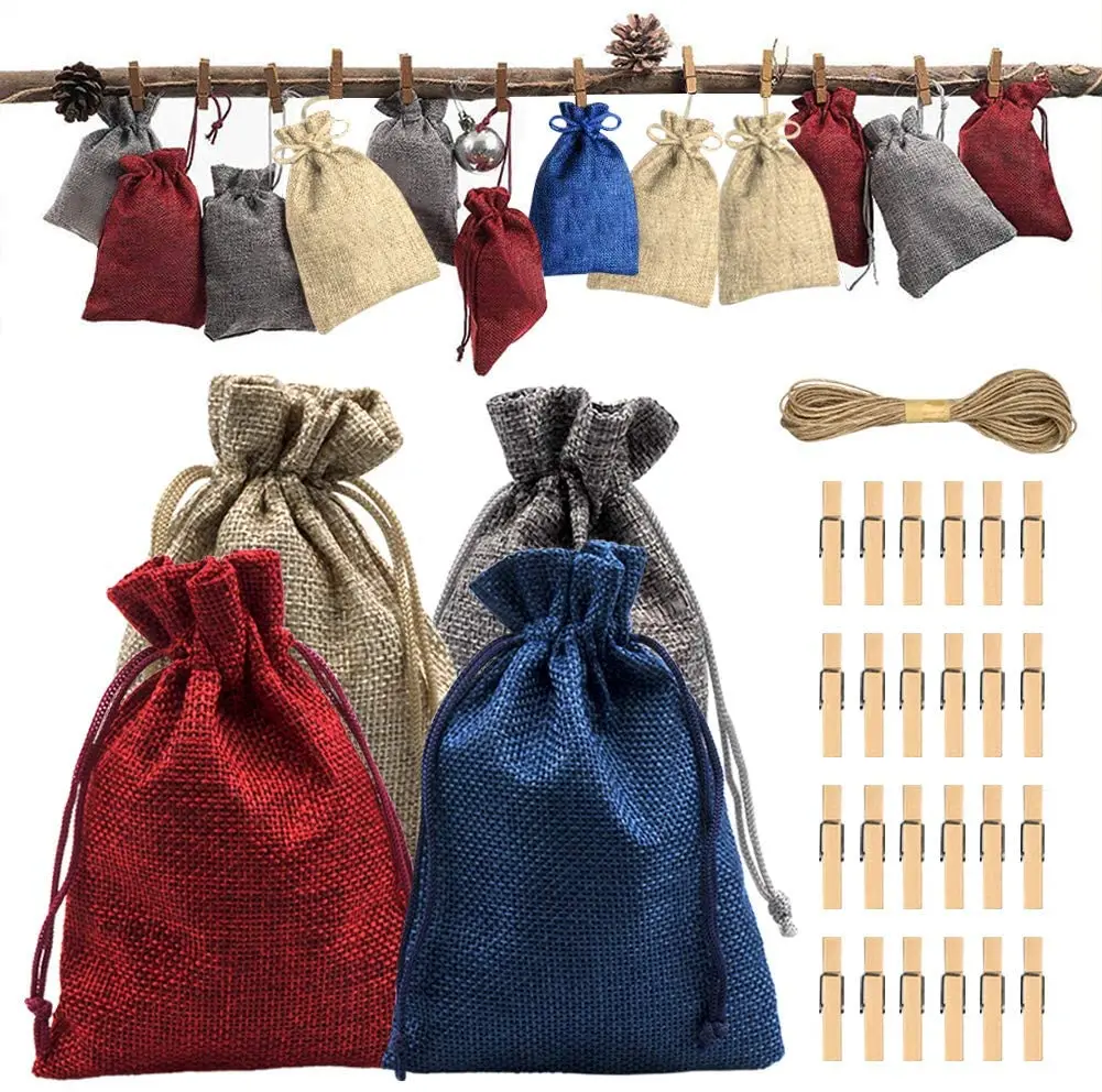 New Design Amazon Hot Sale Christmas Felt Cloth Plaid Candy Bag 24 Advent Calendar Countdown Hanging Bag Gift Bag