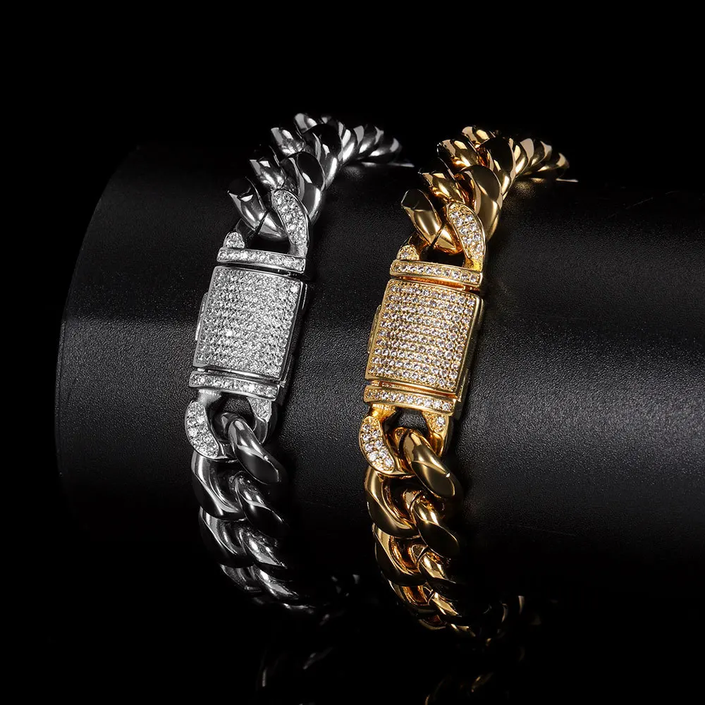 Hip Hop Mens 18k Gold Plated 316L Stainless Steel 12mm Box Clasp Miami Cuban Link Bracelet