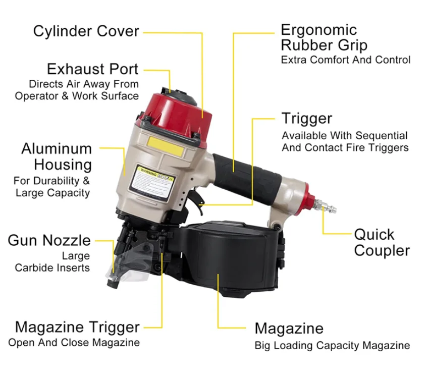 Industrial Pneumatic Nail Gun for DIY Furniture Coil Power Source for Framing & Finish Nails