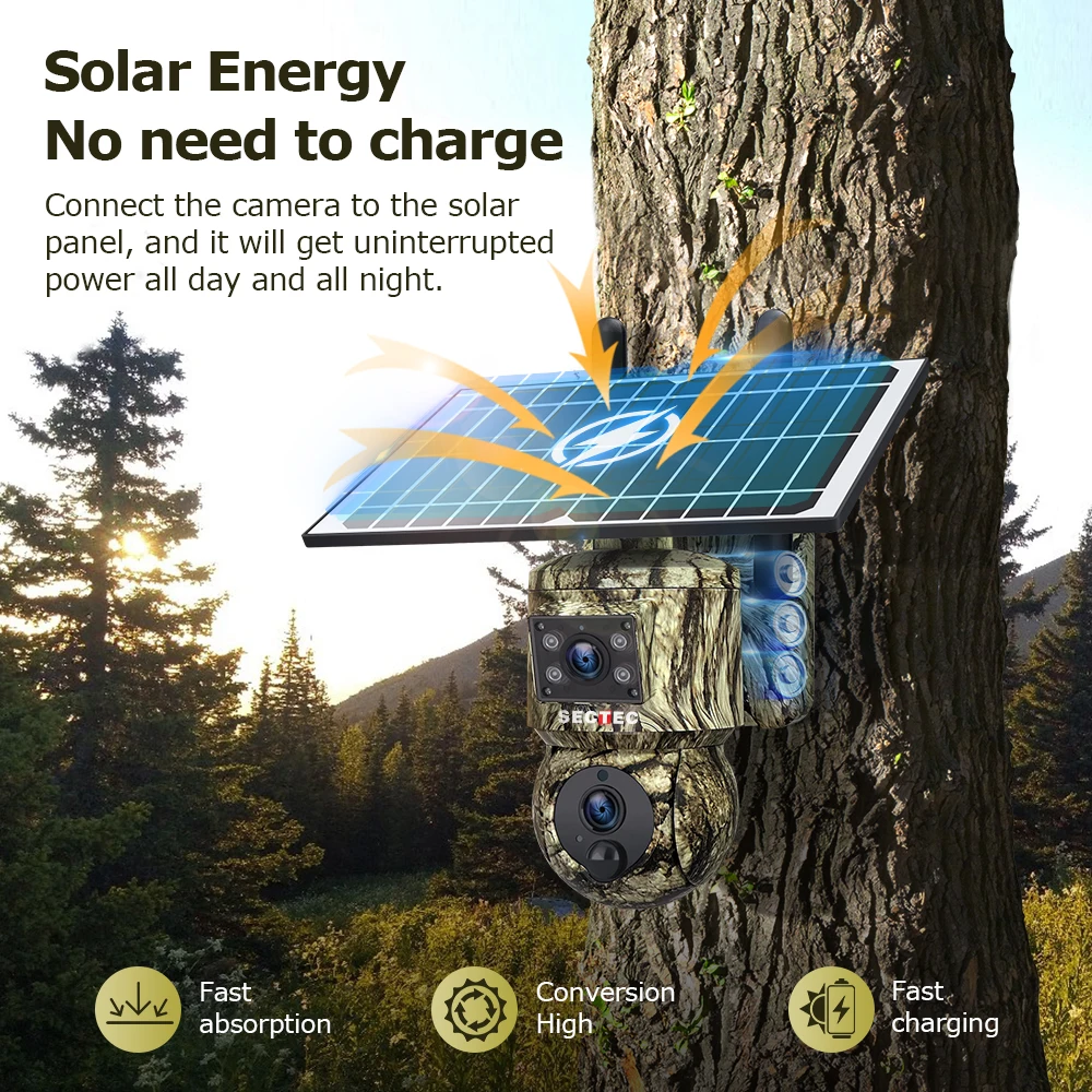 HD 6MP Dual Lens Camouflage 4G Solar Camera GSM Outdoor IP66 PTZ Wide Angel Hunting Trail Camera Motion Detect Hide CCTV Camera