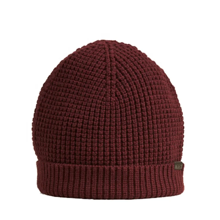 China Manufacture custom logo tag wool  cashmere waffle-knit design beanie hat rolled cuff beanies for men