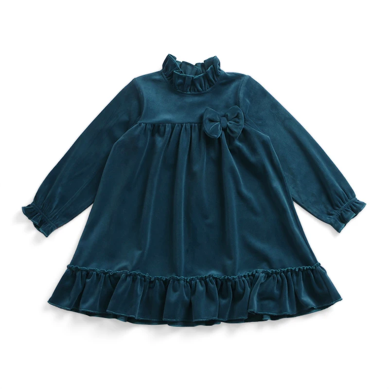 Latest Selling Velvet Dark Green Stand Up Collar Long Sleeves Girls Dress