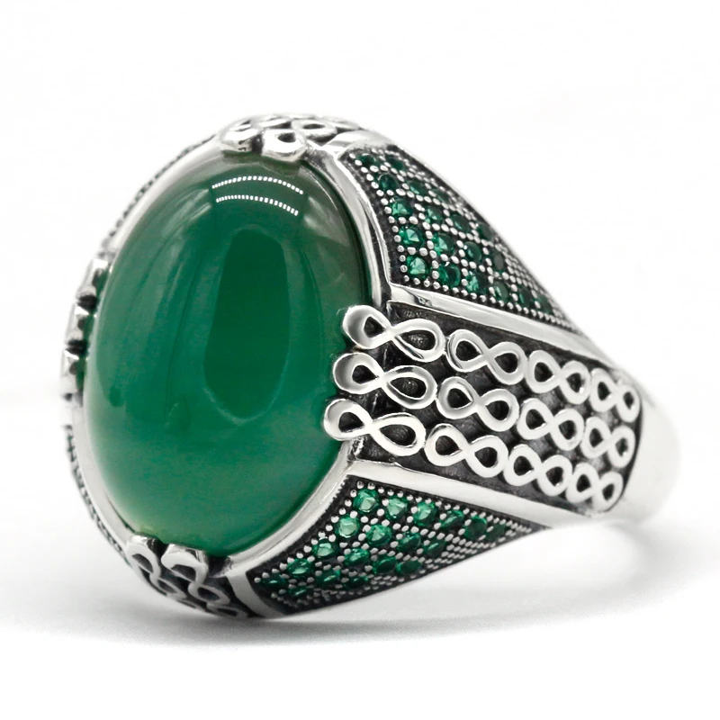 Online Wholesale Jewelry 925 Sterling Silver Green Agate Mens Rings