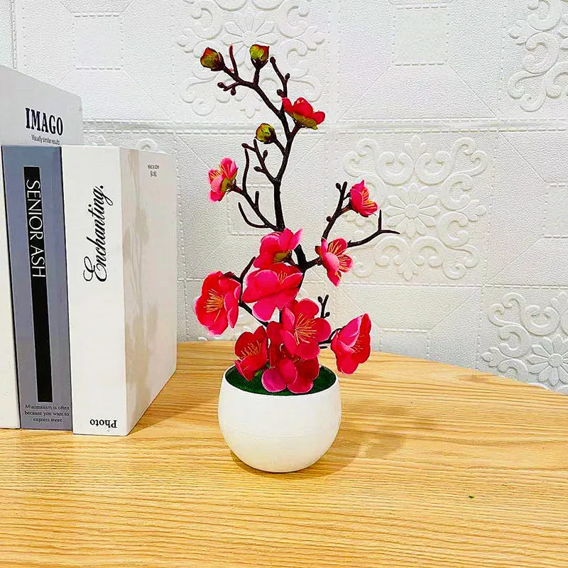 Simulation Plum Flower Pot Plant Artificial Plastic Faked Flowers Home Office Desktop Ornaments Wedding Party Background Decor