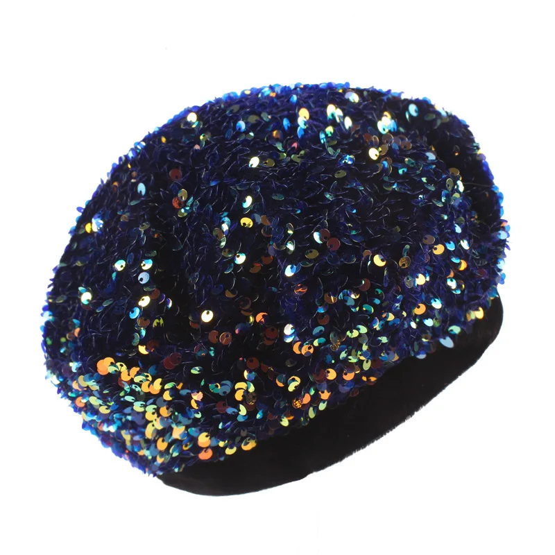 Club Party Night Wear Bling Bling Knitted Hat Female Winter Beret Sequin Hat  for Lady