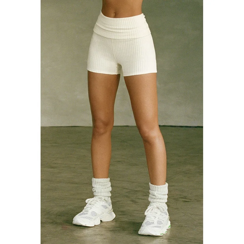 WOMEN ULTRA-SOFT PLUSH RIB YOGA BIKE SHORTS FITTED SHORTS WITH A FOLD-OVER WAISTBAND FOLDOVER SHORT
