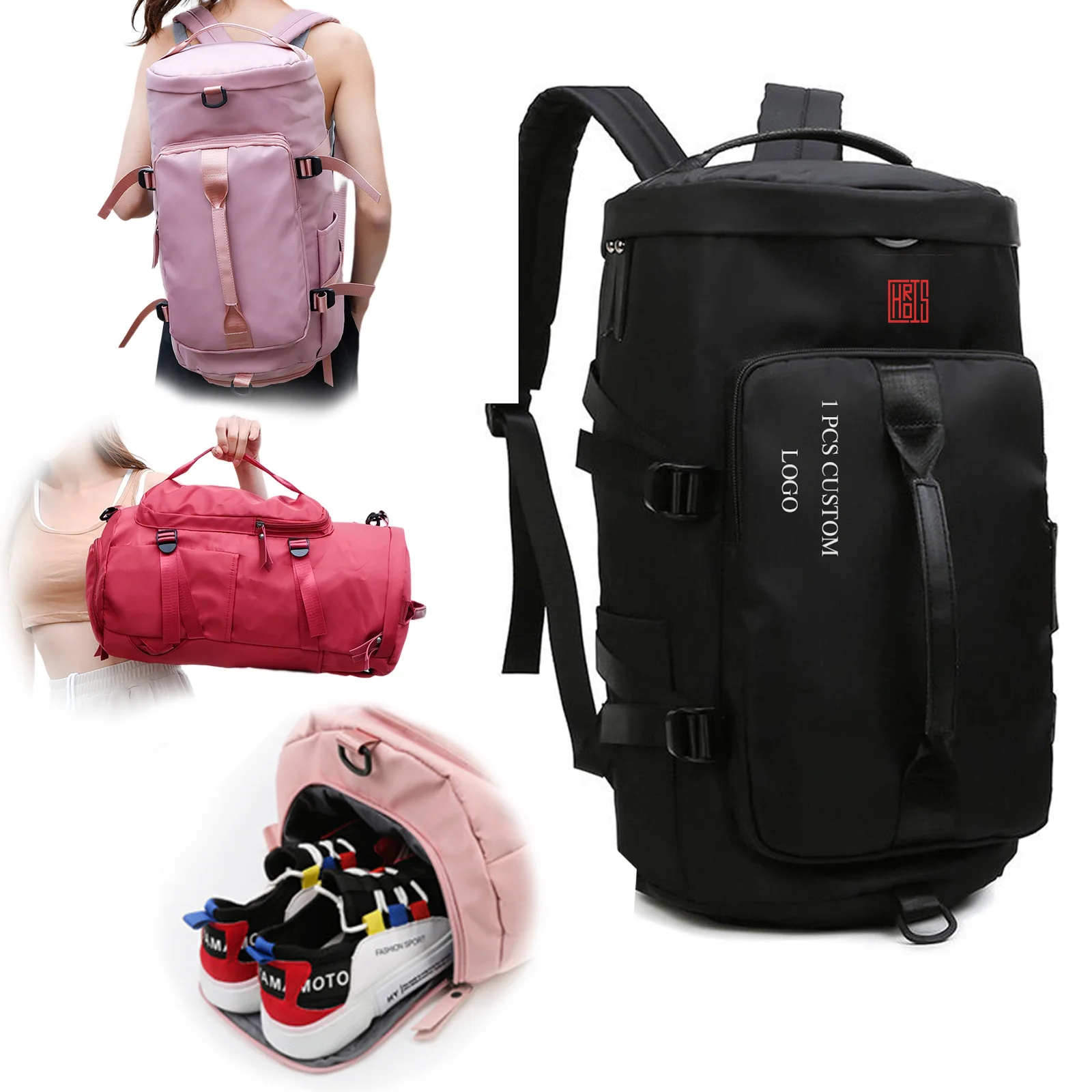 Customized logo large capacity pink duffle bags gym women waterproof sports travel bag with shoes compartment