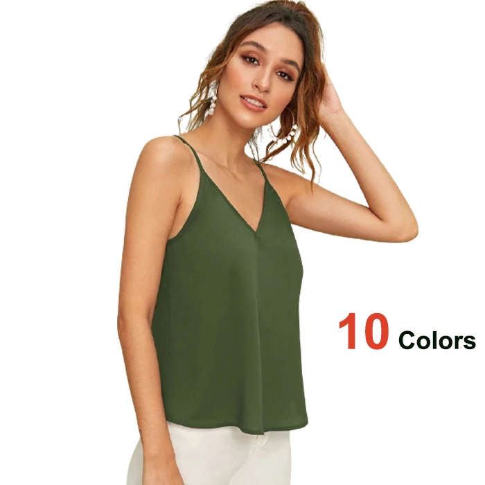 
Womens Casual loose Basic Solid Double V Neck Chiffon Adjustable Spaghetti Strap Strappy Vest tank Camisole Cami Top blouse 