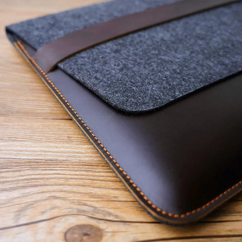 Factory Custom Design Slim Portable Handbag Case tablet cover Soft Grey Felt Brown Leather Patch Wool Felt Laptop Sleeve