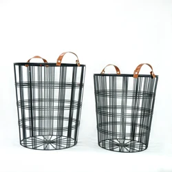 IVYDECO Home Decoration Set 2  Metal Wire Laundry clothes Basket with Leather Hand