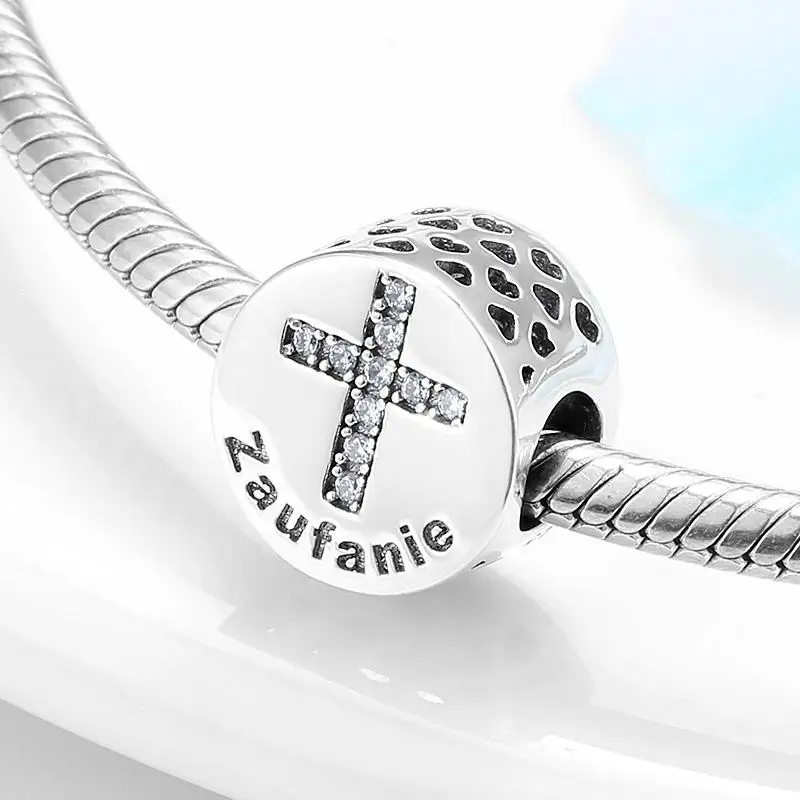 Real 925 sterling silver Hope metal Beads Virtues of the Bible Cross CZ Charms for Bracelets jewelry making for Gift Party Daily