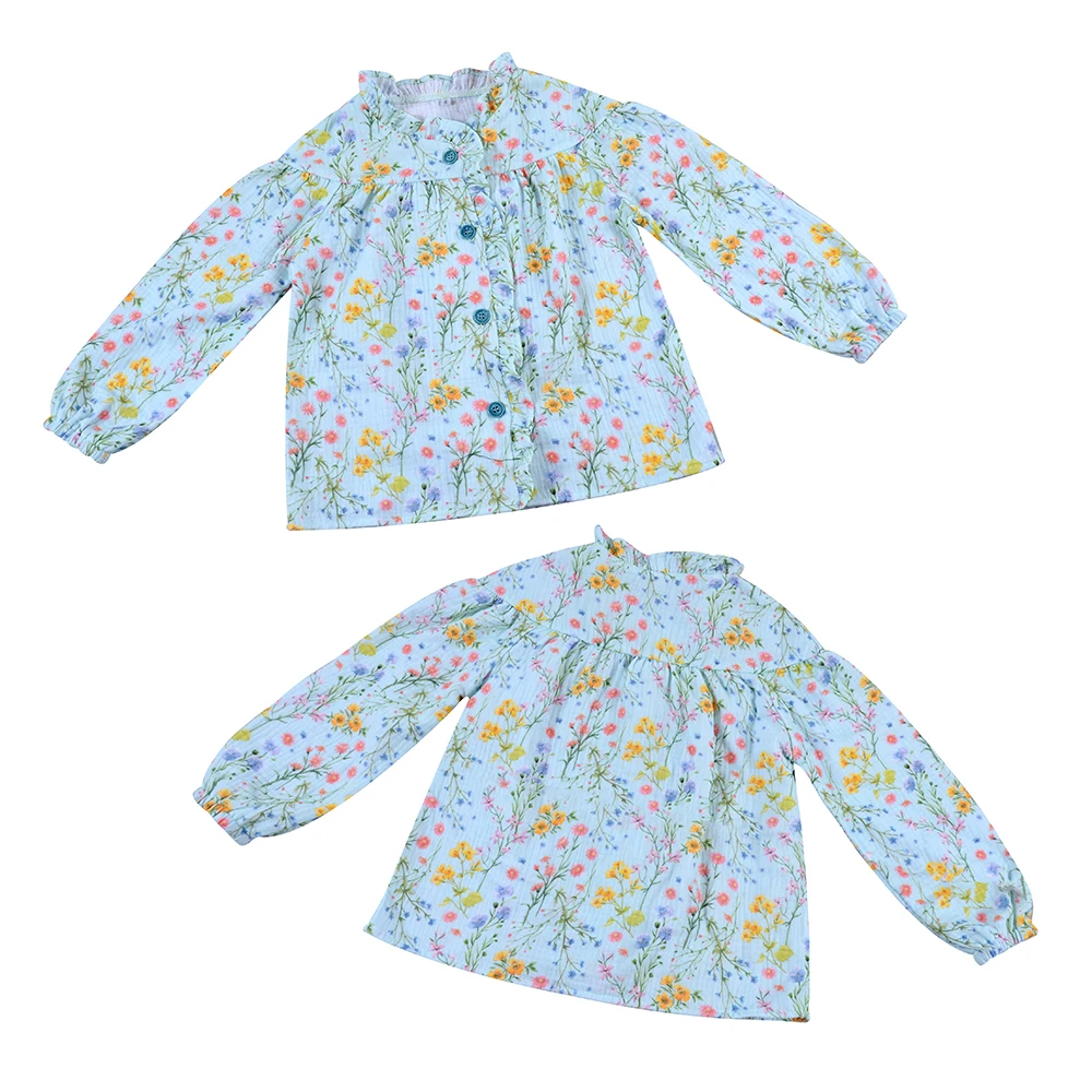 New Material Muslin Cotton Long Sleeves Floral Button Up Shirts Blouses for Toddler Girls Tops Shirts Clothing