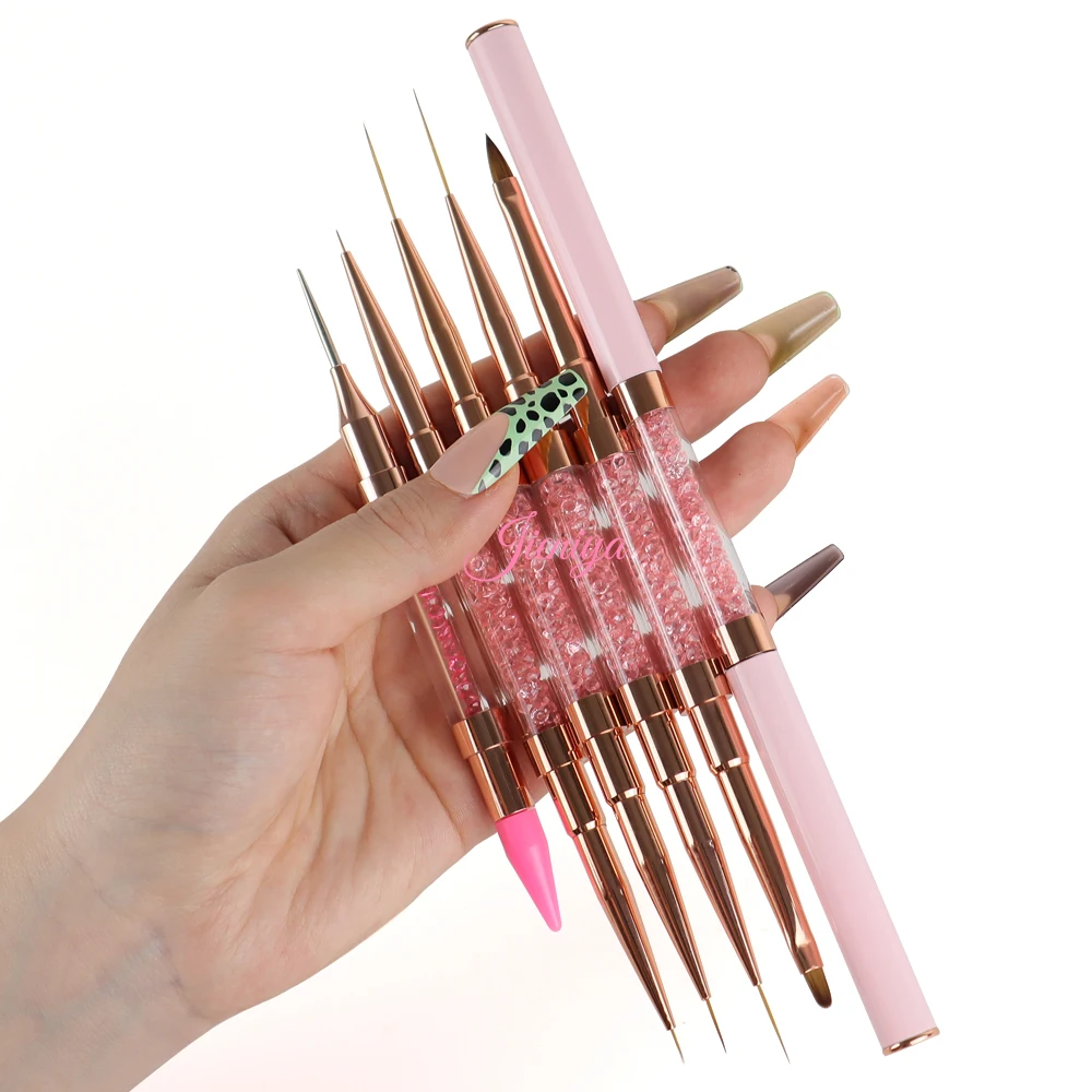 Jieniya Custom logo pink Rhinestones handle Kolinsky/nylon Hair 2 in 1 dual end Nails Tools Nail Art Brushes set